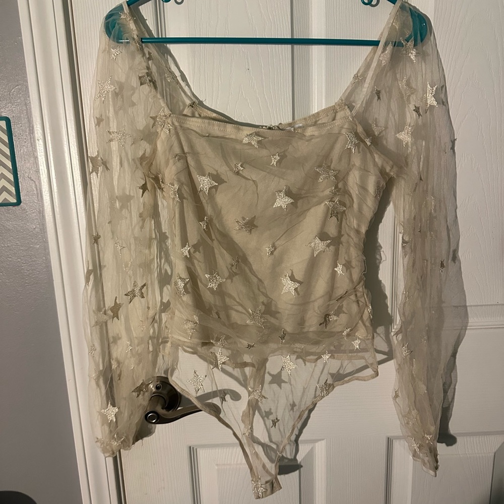Metallic gold star mesh bodysuit